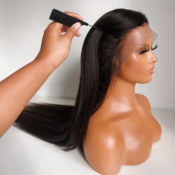 Long Straight Black Hair Middle Part Glueless Synthetic Lace Front Wigs - Picture 3 of 9